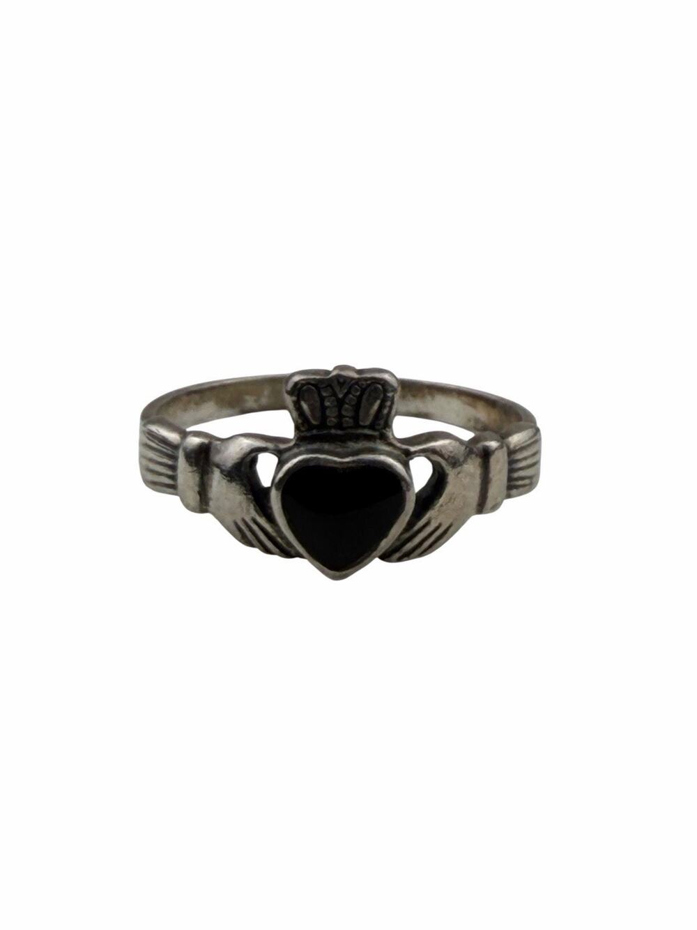 Vintage Claddaugh Sterling Silver Ring Black Center Size 9